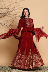 Maroon Velvet Emboss Print Lehenga Choli Dupatta Set